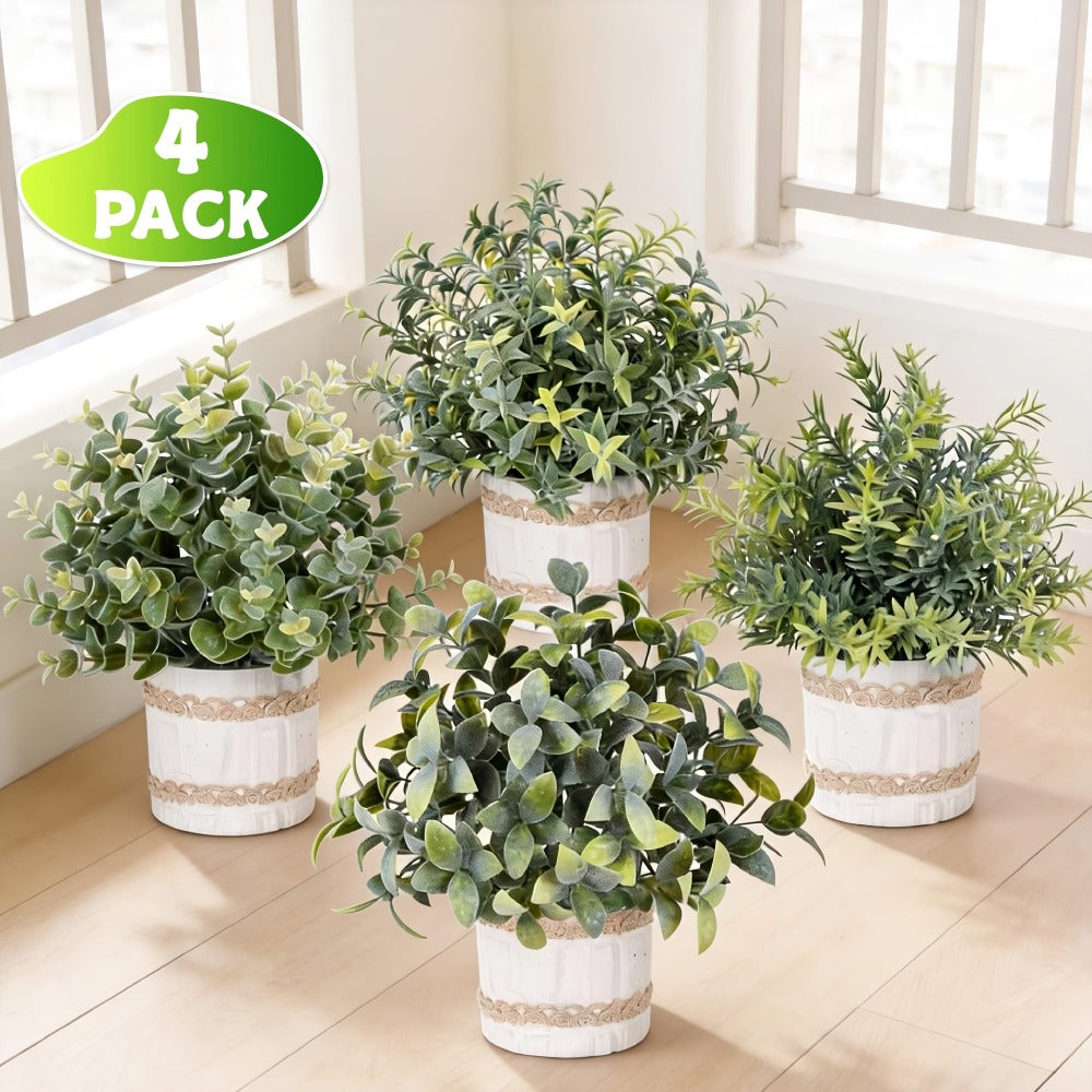 Mini Artificial Potted Plants 4 Pack ¨C Realistic Fake Greenery in White Pots for Home, Office & Party Decor | No Watering Needed Low-Maintenance Indoor Outdoor Faux Plant Set | Housewarming Gift