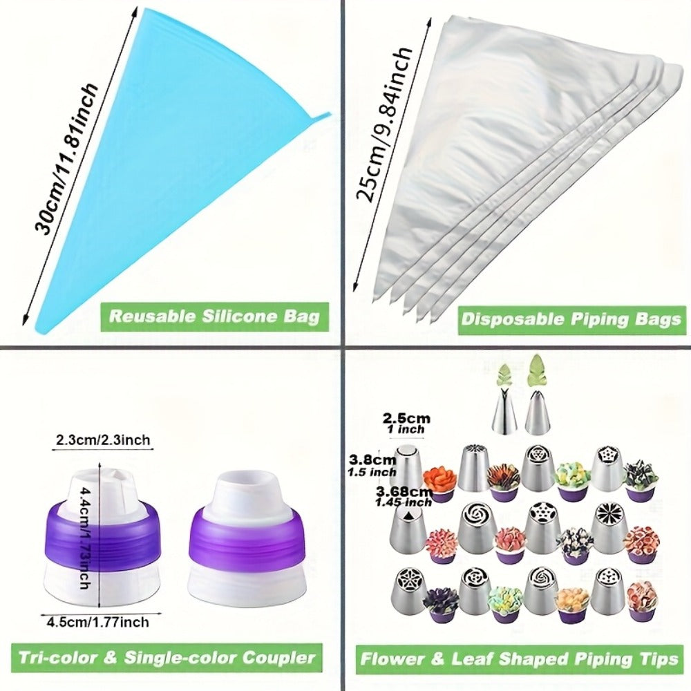 Russian Piping Nozzle Set 121pcs, 12 Flower Icing Tips, 2 Leaf Piping Tips, 2 Couplers and 100 Piping Bags, Cake Decorating Tools for Cupcake Cookie Frosting, Baking Supplies for Home and Professional Bakers