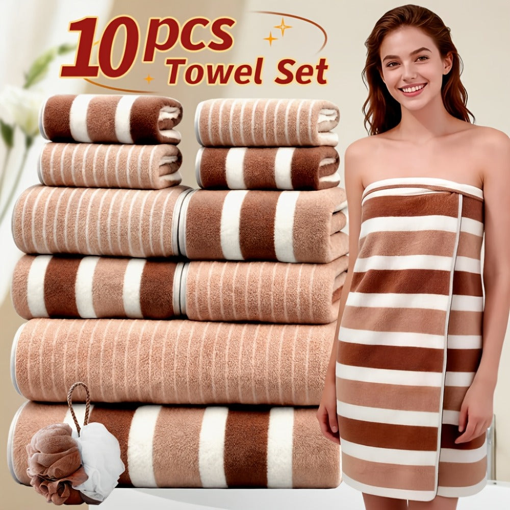 Microfiber Towel Set No Hair Loss Five-Star Hotel Standard - Ultra Soft 100% Polyester Two-Color Striped | 10pcs 3pcs 1pc | Green Brown Gray Red Blue | Bath Face Hand Towels with Bath Ball