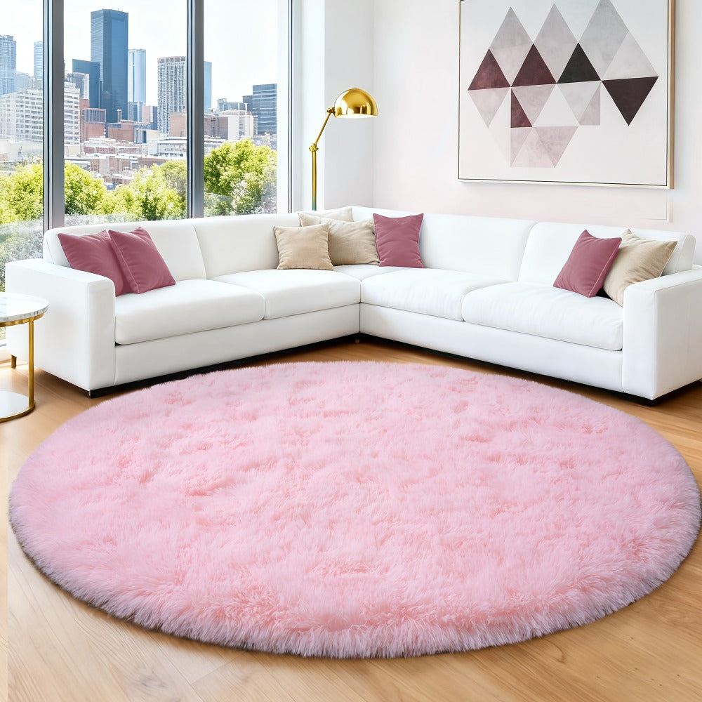 Round Area Rug 6x6ft Ultra Soft Plush with Non-Slip Backing | Light Pink Fluffy Circle Rug for Living Room Bedroom | Hand Washable Indoor Accent Rug for Home Decor Holidays Camping 70.8x70.8 Inch