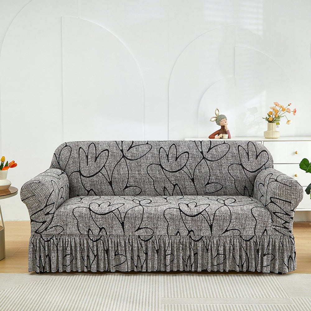 Printed Sofa Cover with Skirt Elastic Four Seasons Universal Furniture Protective Slipcover for Bedroom Office Living Room - 1 2 3 4 Seater Gray