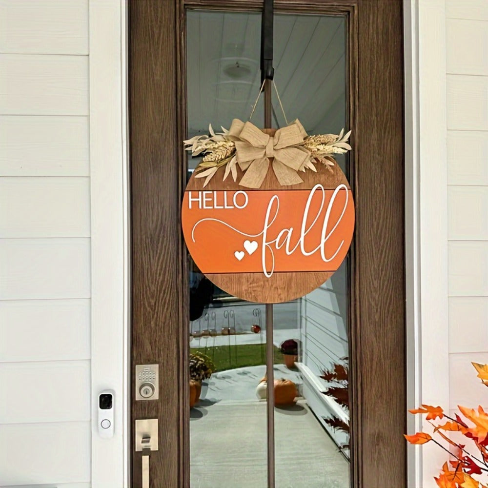 Hello Fall 3D Door Hanger ¨C Autumn Harvest Pumpkin Wheat Bow Fall Wreath Door Sign Seasonal Home Decor