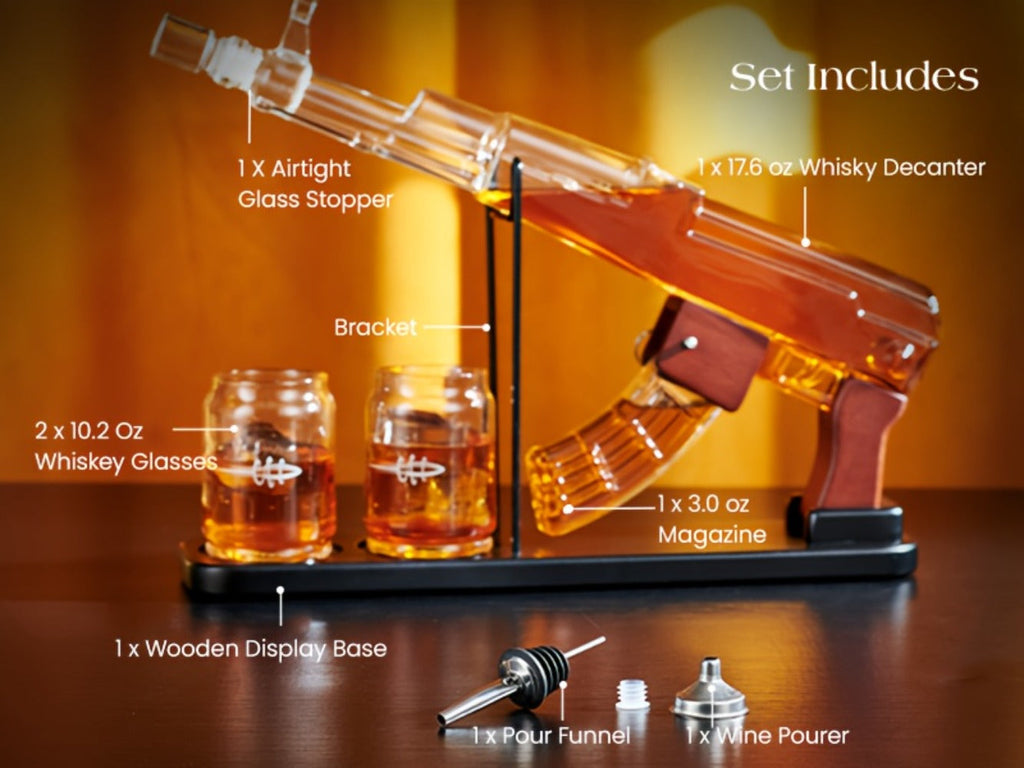 AK-47 Whiskey Gun Decanter Set with Detachable Magazine and Two 6.75oz Glasses, 17.6oz Liquor Dispenser Military Style Home Bar Decanter, Unique Birthday Anniversary Father's Day Gift for Men Dad