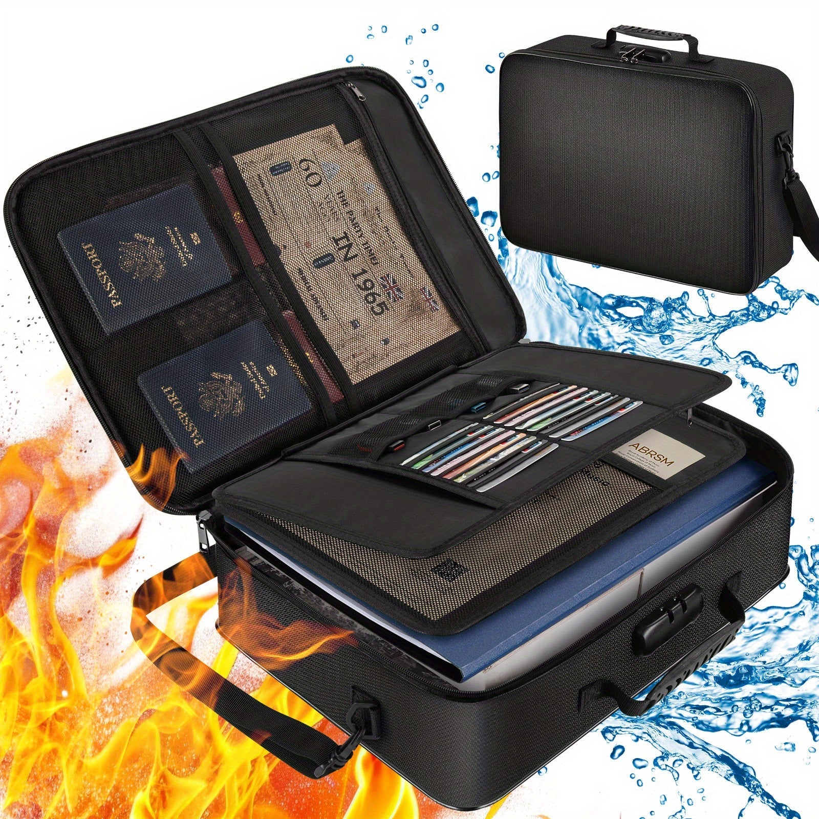 Fireproof Document Bag with Combination Lock - 17x11.8x5 Inch Waterproof File Organizer, 2000¡ãF Fireproof, Multi-Layer Storage for Passport Cash Laptop, 3 Carry Methods, for Travel Home Office, Black/Pink/Blue