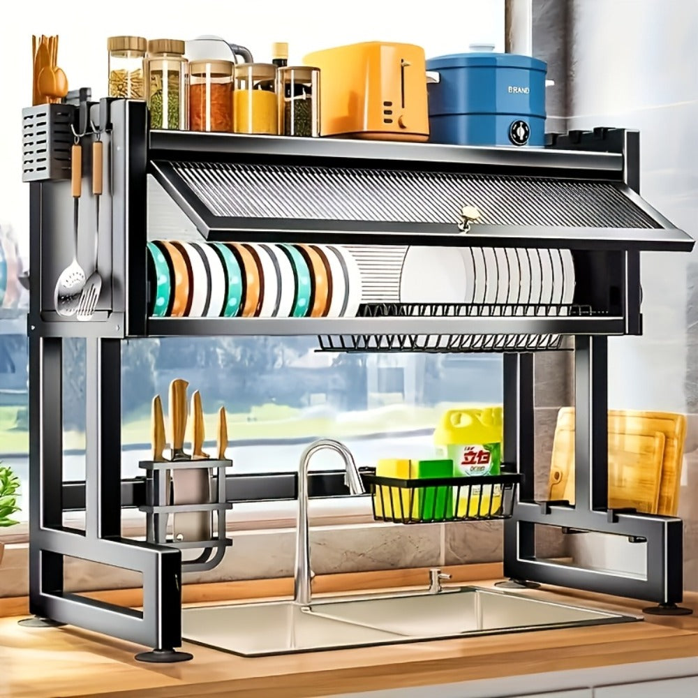 Dish Drying Rack Multi-Layer Kitchen Countertop Organizer - Dust-Free Drainer for Plates Bowls Utensils, Black Large Capacity Dish Rack