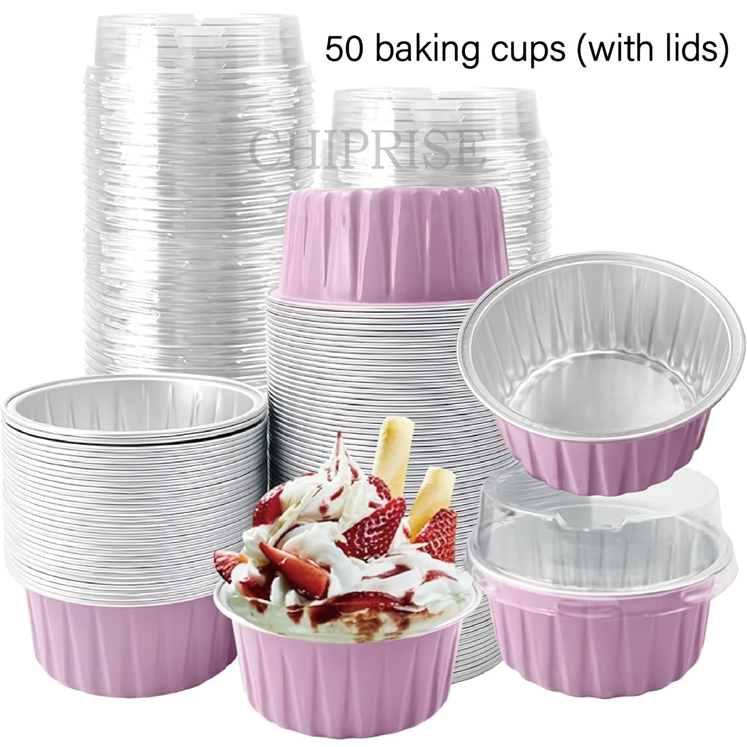 Aluminum Foil Baking Cups with Lids, Disposable Cupcake Molds with Spoons, Oven Safe Foil Dessert Cups for Pudding Muffins Mousse, Party Baking Supplies for Weddings Birthdays, 30 or 50 Sets