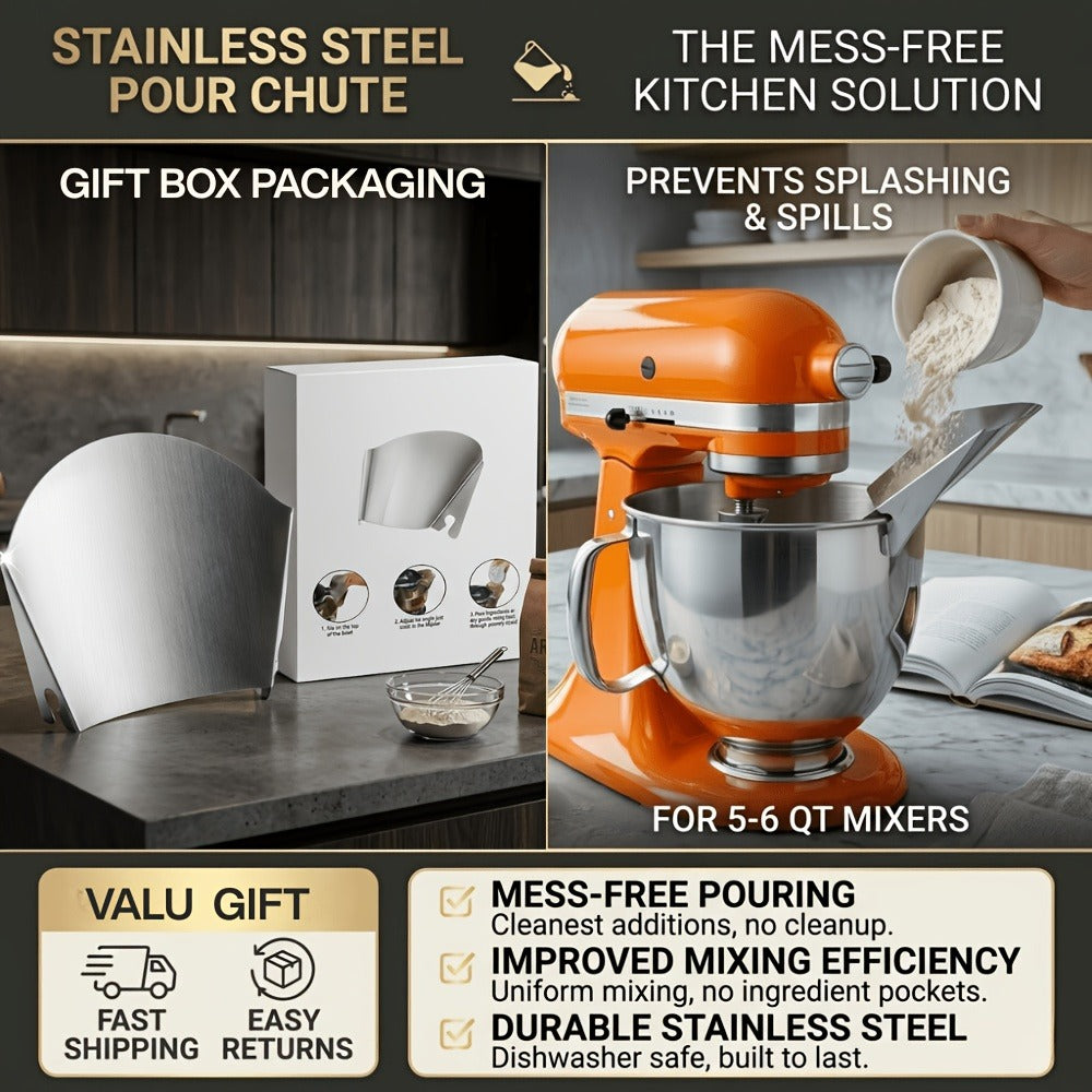 KitchenAid Pouring Chute Stainless Steel Stand Mixer Attachment - Universal Funnel Shield for Tilt-Head & Bowl-Lift 4.5-8 Qt, Anti-Splash Flour Dust Guard, Dishwasher Safe, Gift Box Included