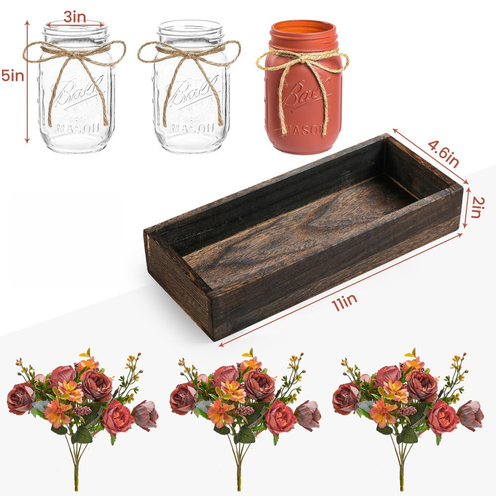Mason Jar Centerpiece Table Decorations with Wood Tray & LED Lights ¨C 3-Piece Farmhouse Decor Set for Dining Room, Kitchen, Living Room & Bathroom | Holiday Home Decor Gift