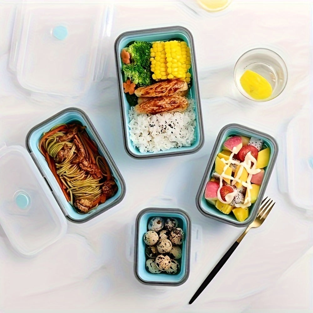 Foldable Meal Prep Containers Set of 4 - Airtight Lids, 4 Sizes, Microwave Dishwasher Refrigerator Safe, Stackable Food Storage for Lunch, Meal Prep, RV, Outdoor Snacks - Green, Red, Blue