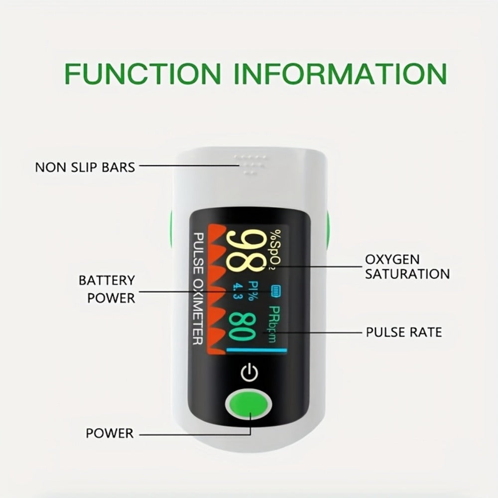 Fingertip Pulse Oximeter Blood Oxygen Monitor ¨C SpO2, Heart Rate & Perfusion Index Display, Digital Finger Clip O2 Meter for Home Use & Sports, Batteries Included