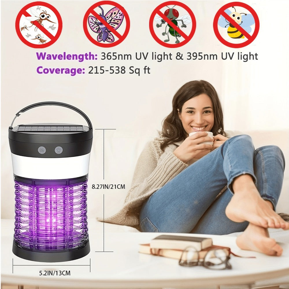 Solar Bug Zapper Electric 3-in-1 ¨C 3000V UV 365nm Mosquito Killer Rechargeable Insect Fly Trap with White Light & Flashlight, 2100 Sq Ft Coverage for Indoor Outdoor Home Patio Backyard Camping ¨C Black