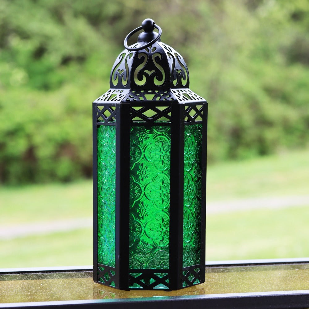 Moroccan Candle Lantern Holder - Decorative Metal & Glass Lantern with Embossed Floral Design for Indoor Home Decor, Garden, Patio, Weddings, Ramadan, Halloween & Holiday Celebrations - 10.5¡± Tall Medium Size