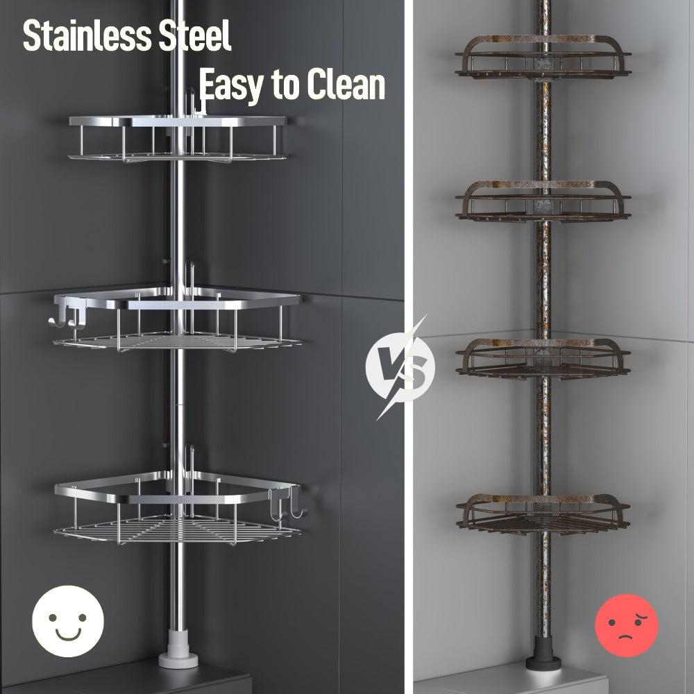 Corner Shower Caddy Tension Pole No Drilling Shower Organizer Shelf with Hooks for Bathroom Bathtub Shampoo Soap Storage Adjustable Height Rustproof