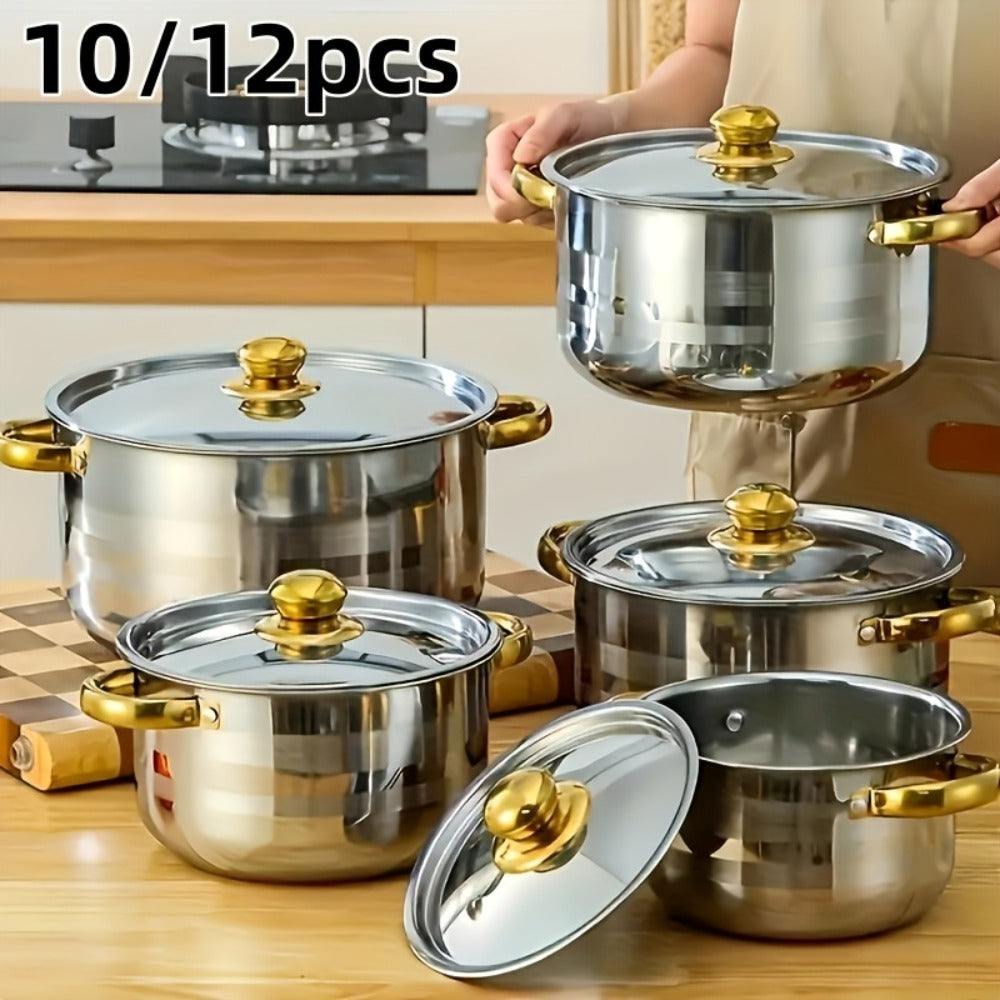 Stainless Steel Non-Stick Cookware Set 10/12pcs, 316 Grade Steel Frying Pan, Stockpot & Milk Pot with Lid, Multi-Functional Kitchen Cooking Set in Gold, Pink & Orange