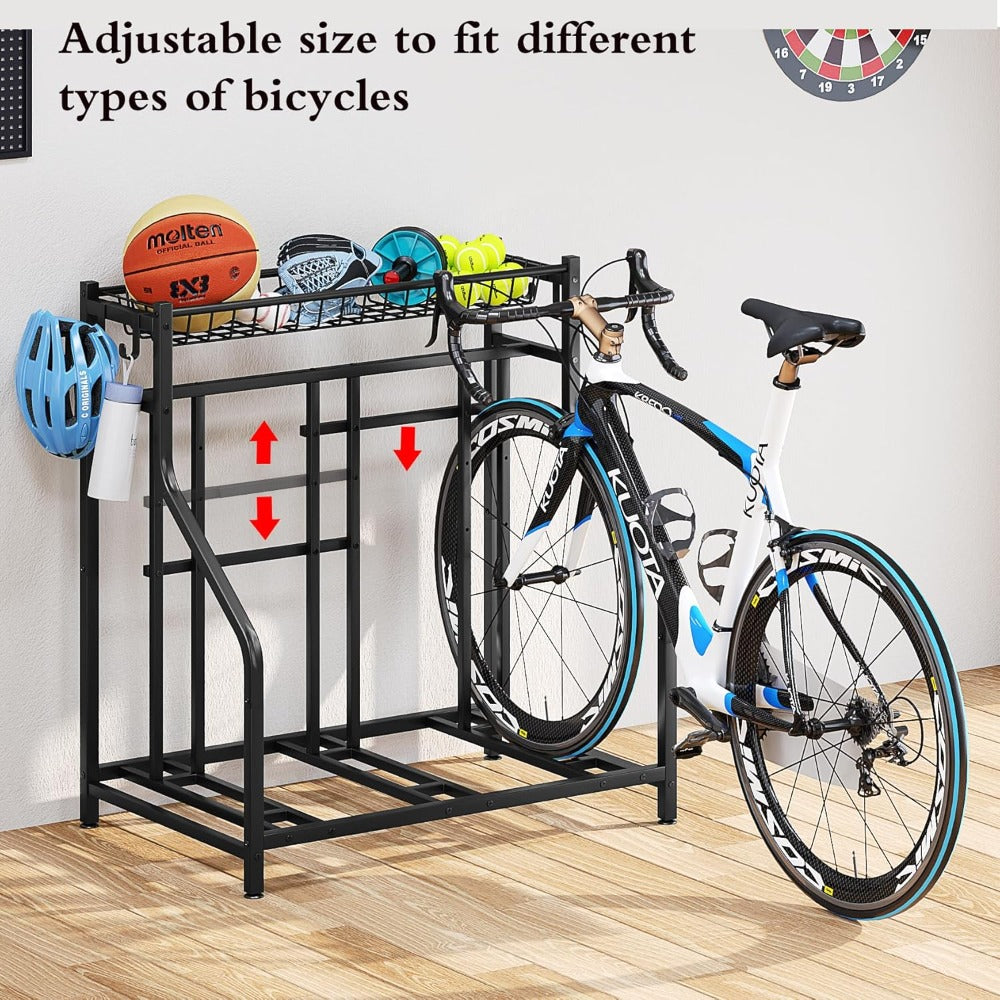 Freestanding Bike Storage Stand with Basket & Hooks ¨C Adjustable Floor Rack for 3-4 Bikes, Indoor Outdoor Garage Organizer