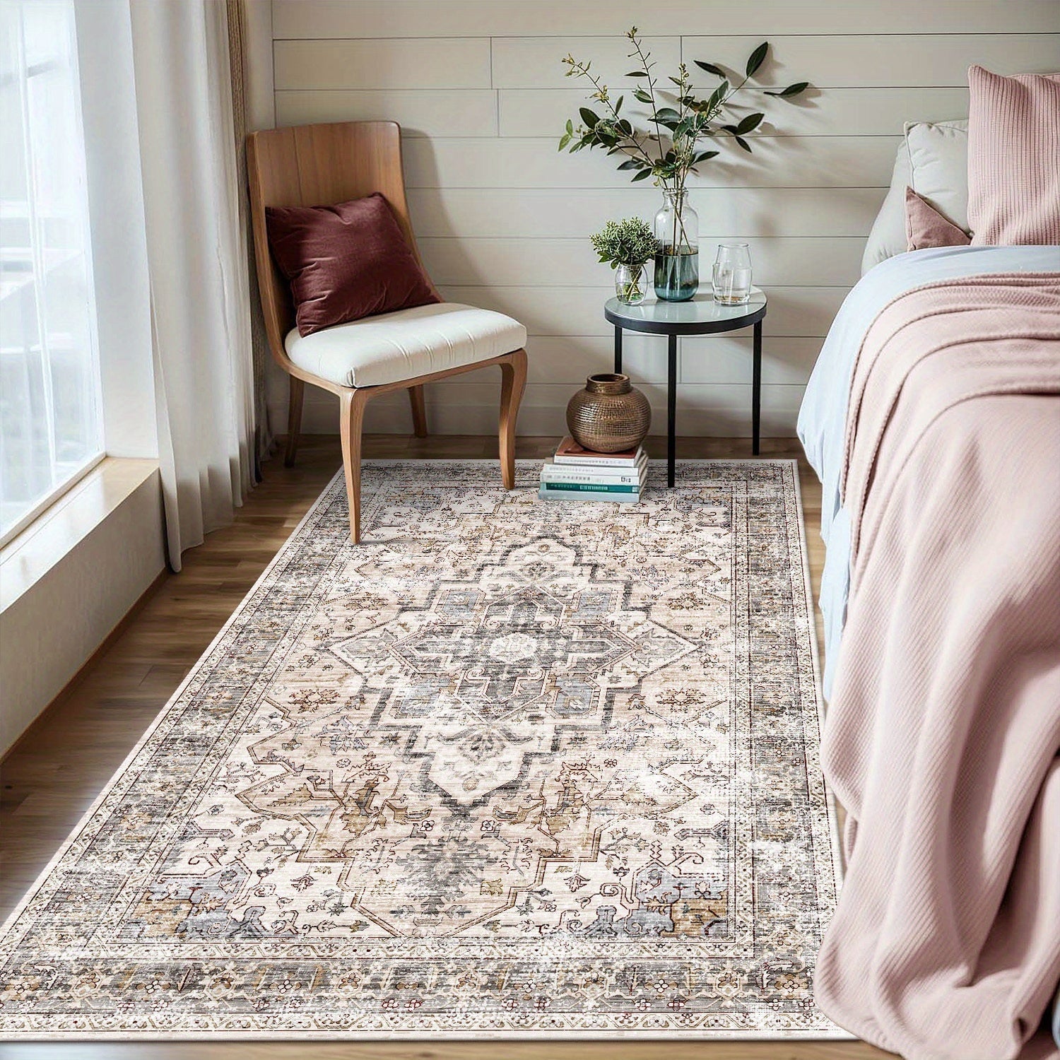 Bohemian Area Rug Ultra-Soft Non-Slip Washable Retro Foldable Carpet for Living Room Bedroom in Beige and Grey Multiple Sizes