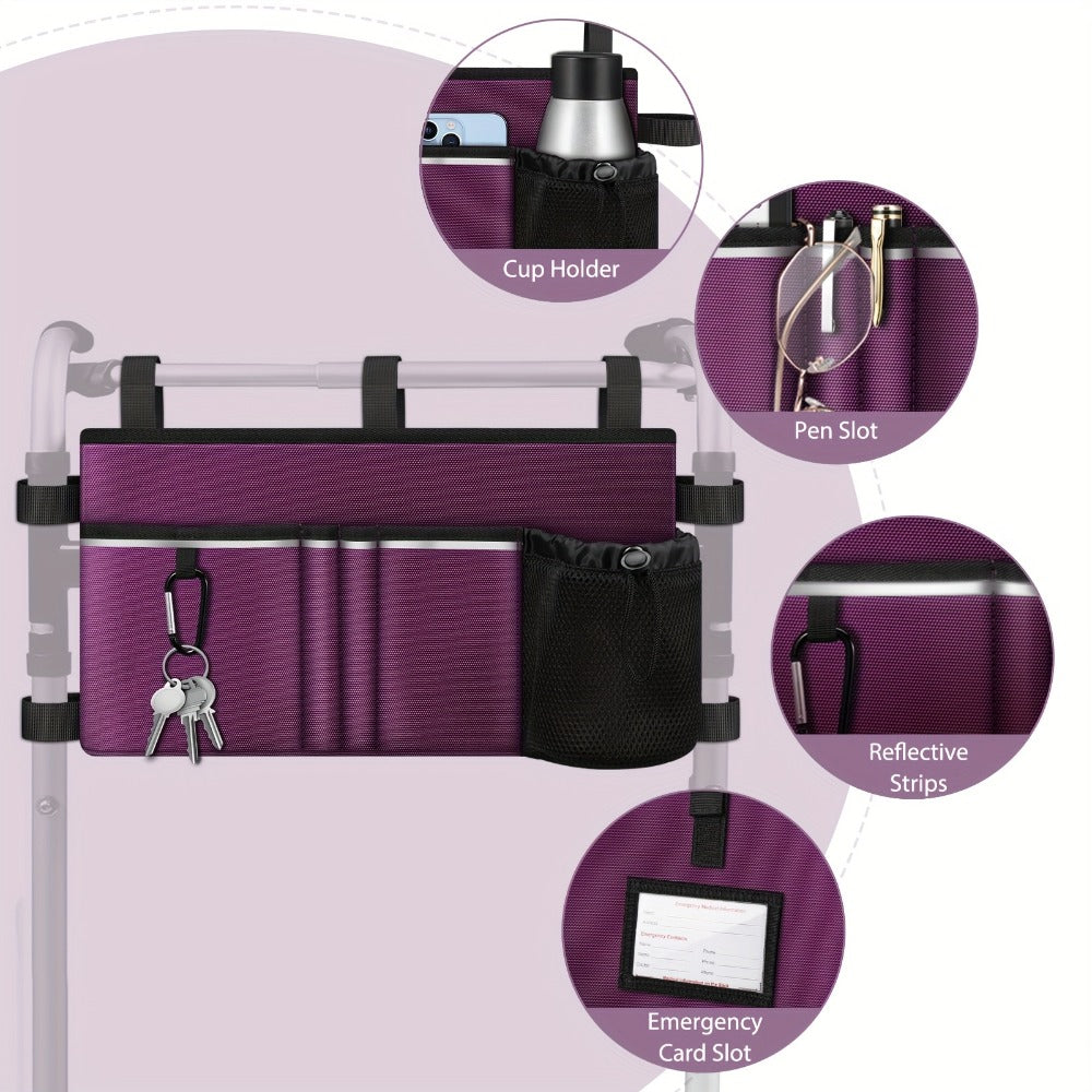 Walker Tote Bag with Cup Holder ¨C Large Capacity Rollator Attachment Bag, 6-Pocket Mobility Aid Accessory Pouch with Reflective Stripe & ID Window, Hands-Free Storage for Elderly & Seniors