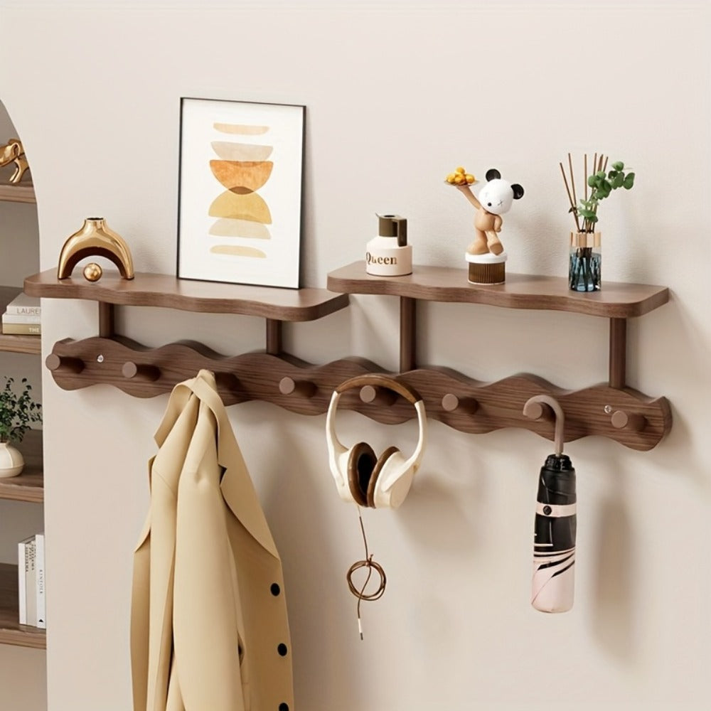 Bamboo Wall Mounted Coat Rack with 8 Hooks, Entryway Coat Hook Rack with Storage Shelf, Space Saving Hallway Organizer for Coats Hats Bags Keys, Modern Wooden Wall Hanger for Bedroom Entrance Living Room