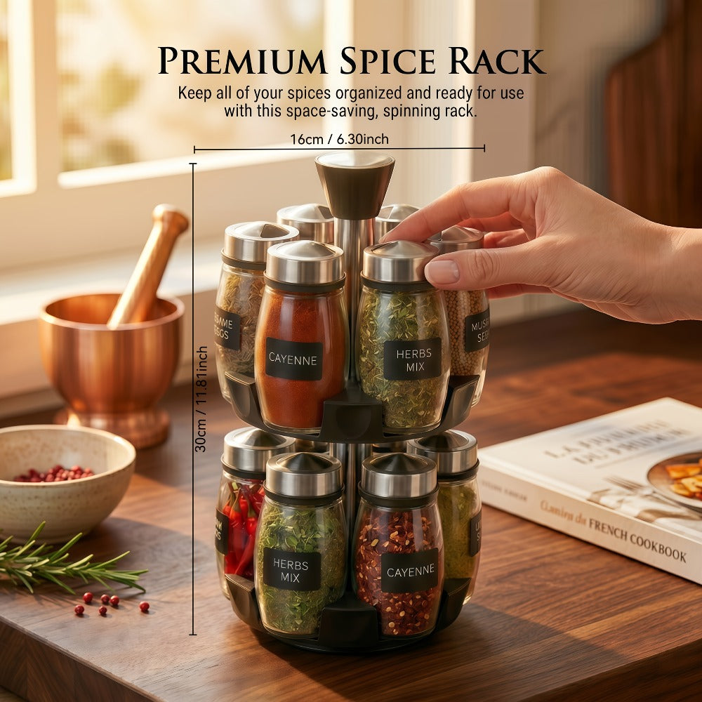 Glass Spice Jar Set with Rotating Rack ¨C Airtight Kitchen Spice Organizer with 360¡ã Stainless Steel Stand ¨C Food Grade Glass Seasoning Bottles for Pantry, Cabinet & Countertop Storage ¨C 6 or 12 Piece
