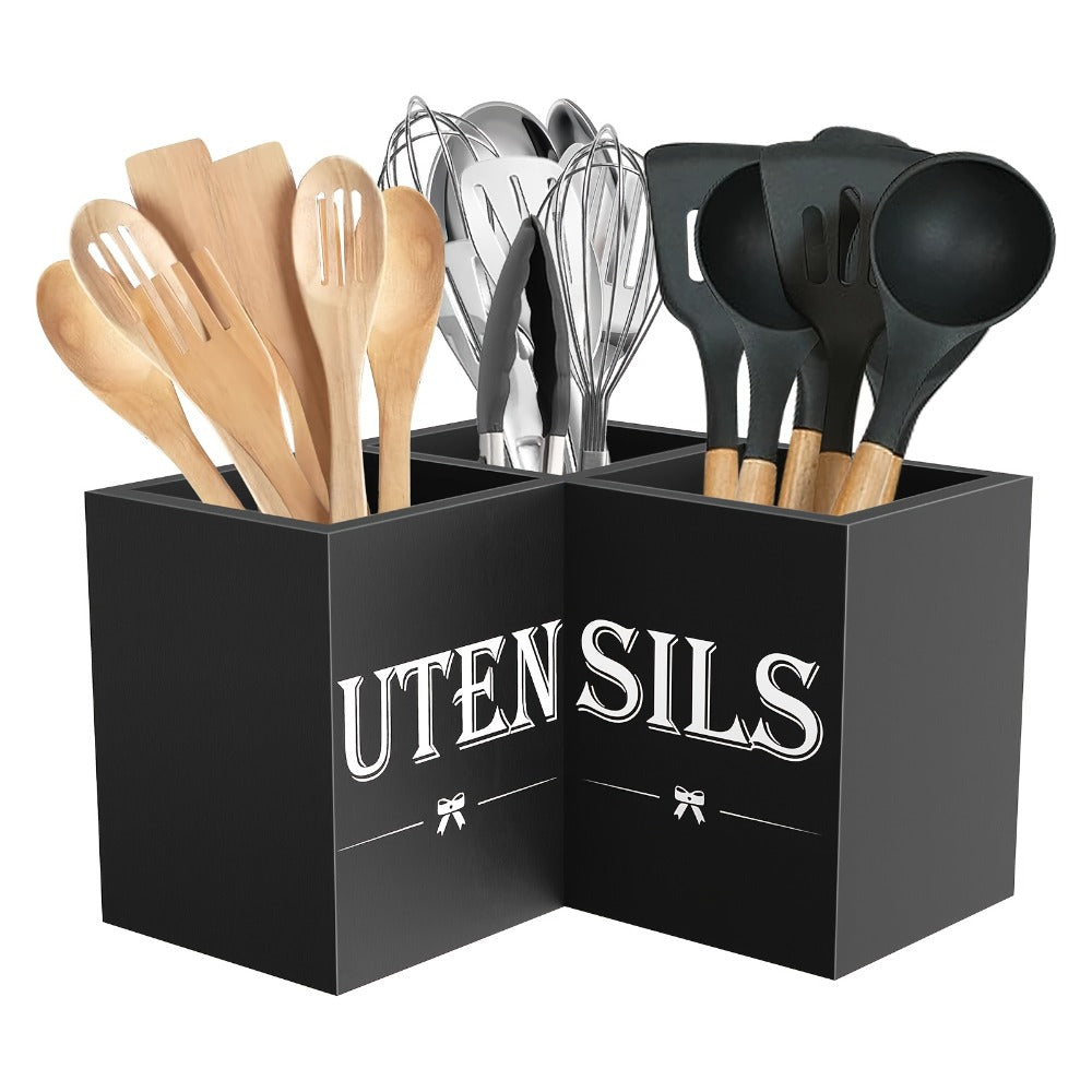 Kitchen Utensil Holder with 3 Compartments Extra Large Wooden Countertop Organizer | Farmhouse Black Kitchen Storage for Spatulas Whisks Spoons | Rustic Wood Utensil Caddy for Kitchen Organization