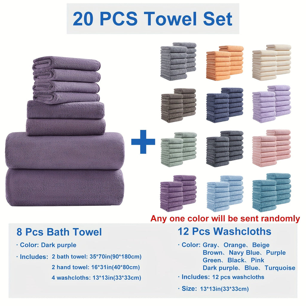 Bath Towel Set 20 Piece 100% Microfiber Absorbent Quick Dry Soft Extra Large Bath Sheets 8 Bath Towels 12 Washcloths Home Bathroom Spa Gift White Beige Gray Blue Green Purple