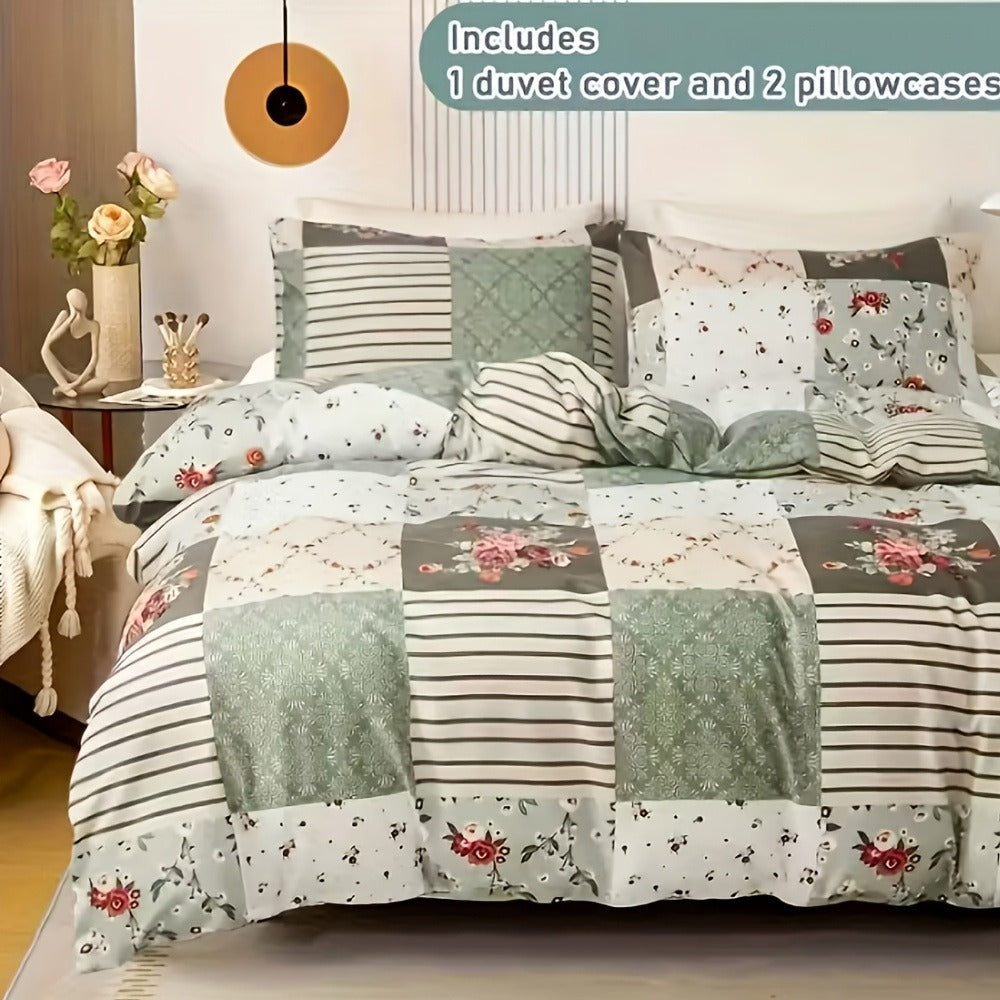 Floral Duvet Cover Set 3 Piece - Zipper Closure Patchwork Comforter Cover with 2 Pillowcases, All-Season Lightweight Kids Bedding Set, Pastoral Flower Plaid Print, Twin Full Queen King