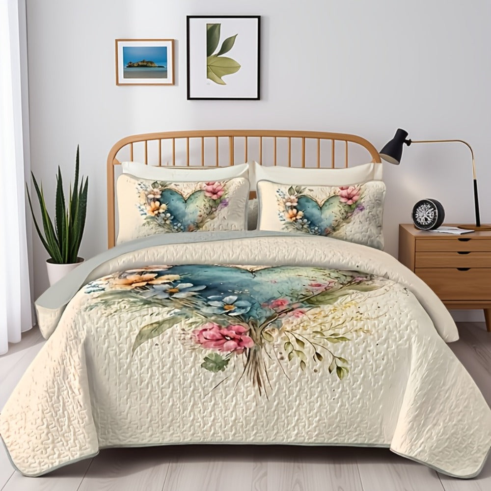 Floral Watercolor Quilt Set ¨C Heart Botanical Print, Soft Breathable Hypoallergenic Bedspread, Twin Full Queen King, All Seasons ¨C Romantic Bedroom Decor