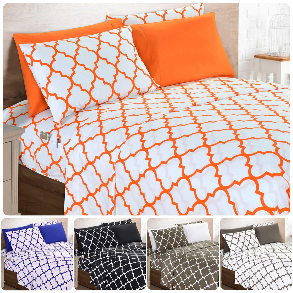 Bed Sheet Set 6-Piece Geometric Trellis, Ultra Soft Microfiber Sheets with 16-Inch Deep Pocket Fitted Sheet, Fade & Wrinkle Resistant, Machine Washable Hotel Quality Bedding for Twin Full Queen King