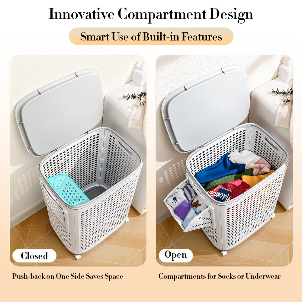 Wheeled Laundry Hamper Large Foldable with Dividers & Dust-Proof Lid ¨C 360¡ã Breathable Mesh Basket on Wheels, Reinforced Steel Base, Portable Clothes Organizer for Bedroom, Bathroom & Dorm
