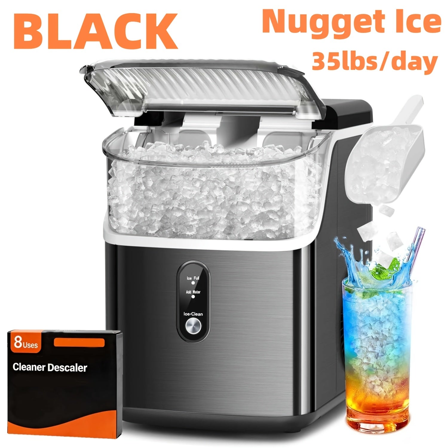 Nugget Ice Maker Countertop Pebble Ice Machine 26 Lbs 35 Lbs Per Day, Sonic Ice Bullet Ice Cube Options, Self-Cleaning Ice Maker with Ice Scoop and Basket, Portable Ice Machine for Home Kitchen Bar RV