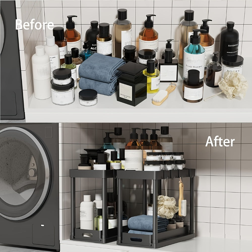 Under Sink Organizer 2pcs Double Tier Sliding Storage Basket with 8 Hooks ¨C Kitchen Bathroom Cabinet Rack Shelf