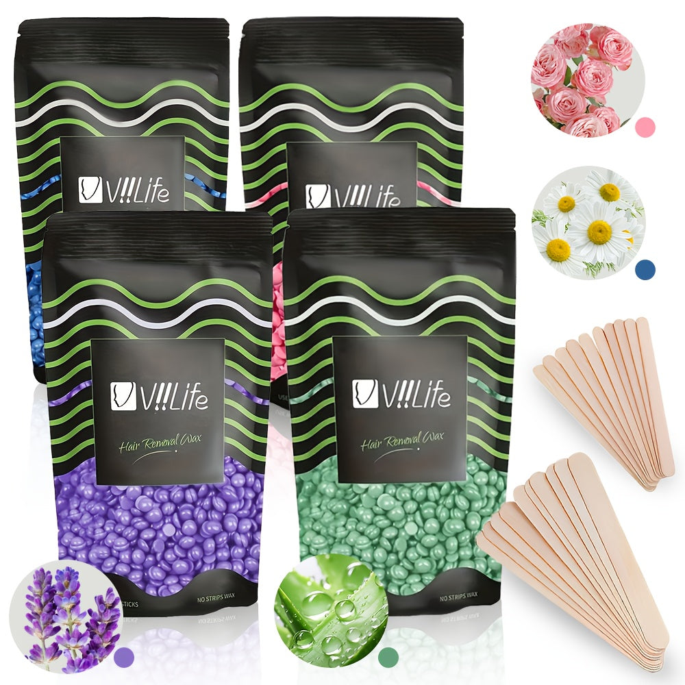 Hard Wax Beads for Hair Removal - 4 Colors Wax Beans with 20 Wood Sticks, Brazilian Bikini Wax Kit for Women & Men, Sensitive Skin, Full Body Legs Face Underarms, At-Home Waxing