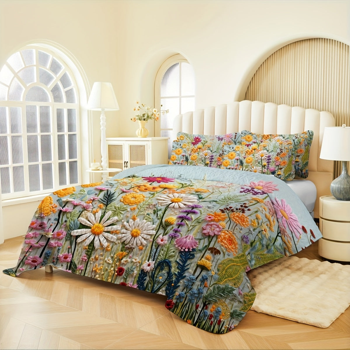 Boho Quilt Comforter Set Twin Full Queen King - Floral Bedding Lightweight Soft Microfiber Reversible Bedspread for Women Girls 2/3 Pcs All Season