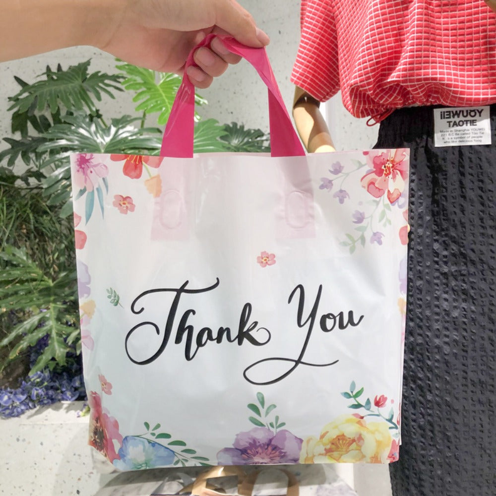 Thank You Gift Bags 50pcs Plastic Flower Print Handle Bags Reusable Shopping Tote for Party Birthday Wedding Halloween Christmas