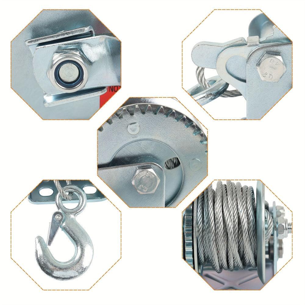 Manual Hand Winch Heavy Duty Carbon Steel 800-1600 lbs - Double Brake Safety System, Strap Winch with Mooring Hook & Safety Pawl, for Boat, ATV, Trailer, Farm, Garage & Industrial Pulling Tasks