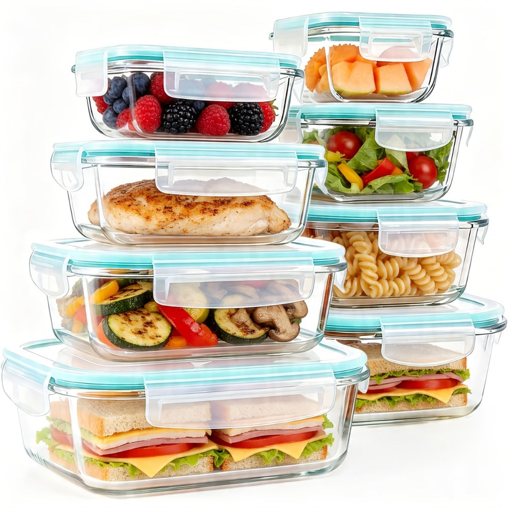 Glass Food Storage Containers 16-Piece Set 8 Glass Bowls with 8 Sealed Lids BPA Free Dishwasher Microwave Refrigerator Safe Meal Prep Containers Bento Boxes in Blue Grey Green Assorted