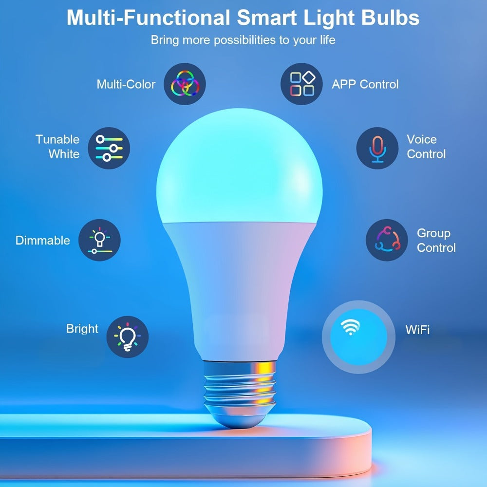 Smart Light Bulbs RGBCW Color Changing A19 E26 9W 800LM WiFi Bluetooth LED Bulb Compatible with Alexa Google Home 16 Million Colors Music Sync Dimmable for Bedroom Living Room Party Halloween Decor 2 4 6 Pack