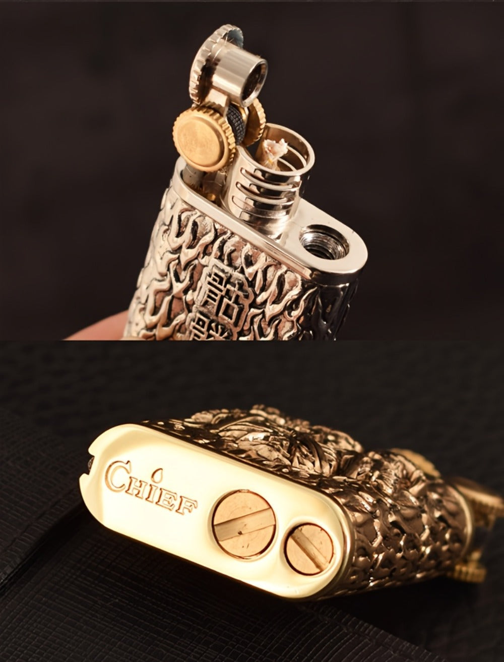 Kerosene Lighter 2-in-1 Permanent Match Flint Wheel Refillable ¨C Golden Windproof Pocket Lighter with Built-In Match Strike, Unique Gift for Men, Father¡¯s Day & Outdoor Use