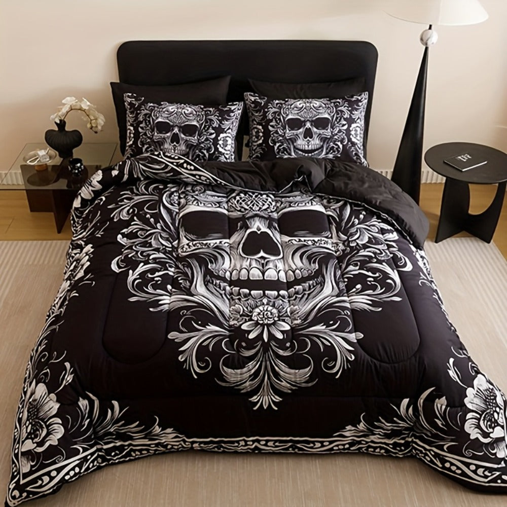 Skull Quilt Set 3pcs Gothic Victorian Comforter with 2 Pillowcases | Black Gray Digital Print Bedding Twin Full Queen King