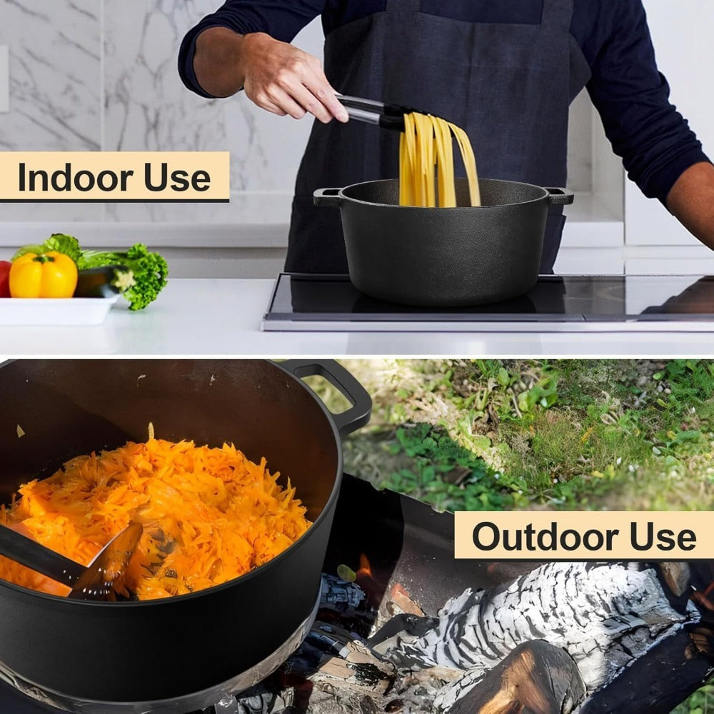 Cast Iron Dutch Oven 5 Quart Pre-Seasoned with Skillet Lid | 2-in-1 Non-Stick Crock Pot with Handles for Braising, Roasting & Casserole ¨C All-in-One Cookware, Black