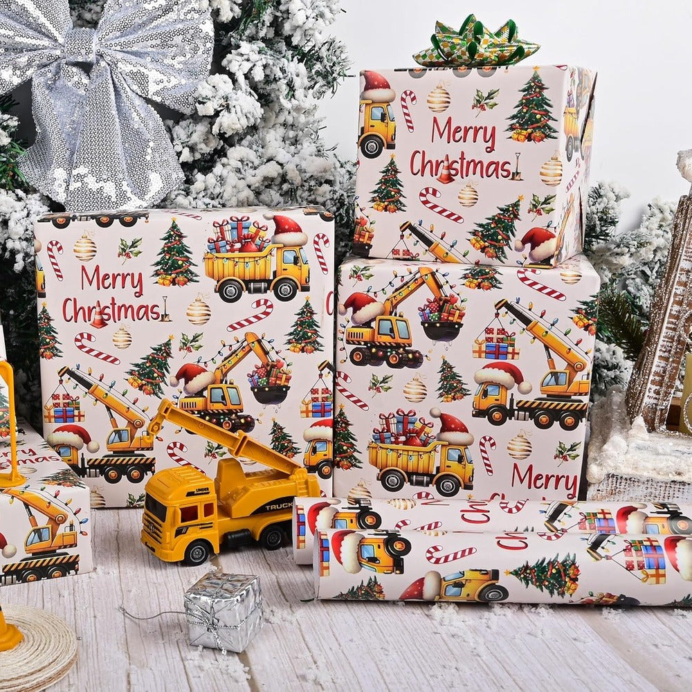 Christmas Wrapping Paper Construction Vehicles - Dump Trucks Excavators Tractors Gift Wrap for Boys Girls, 58¡±x23¡± Roll (28.5 Sq Ft)