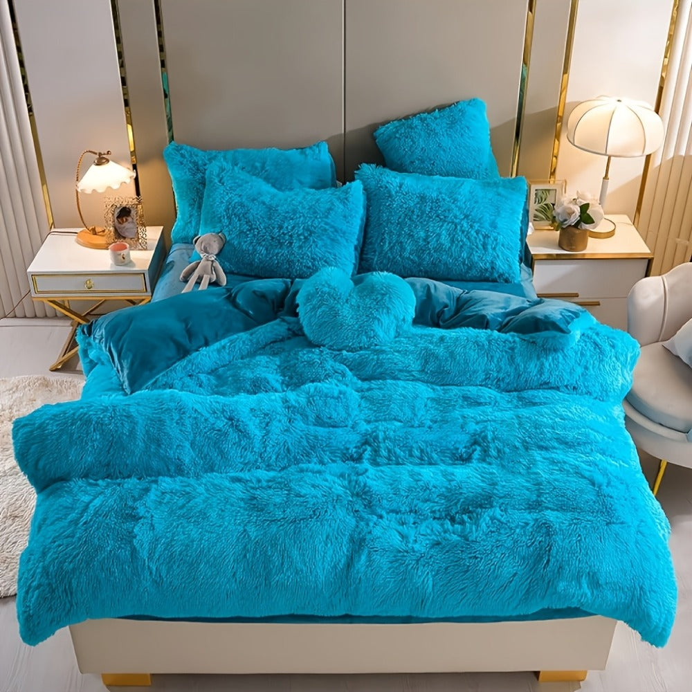 Faux Fur Duvet Cover Set Twin Queen King Super Soft Plush Comforter Cover with Pillowcases Heart Pillow for Kids Teens Machine Washable Bedroom Decor