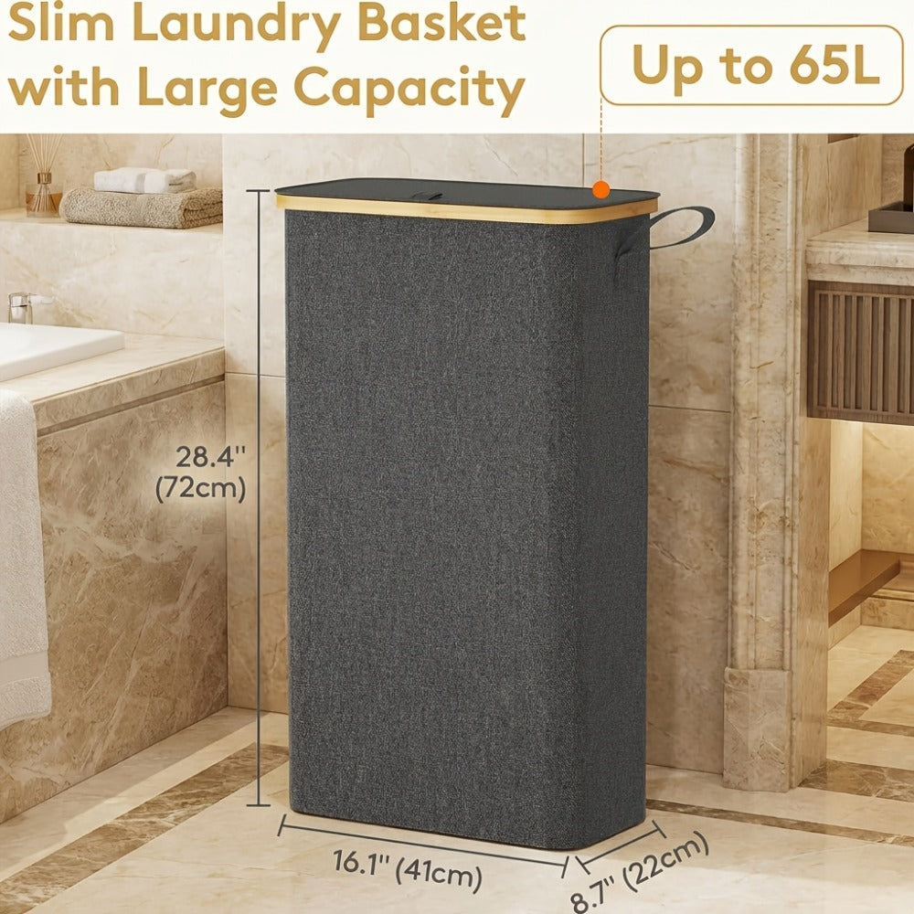 Slim Laundry Hamper with Lid & Removable Bag ¨C Foldable Narrow Clothes Basket with Bamboo Handles for Bathroom, Bedroom & Dorm ¨C 50L / 65L / 75L Space-Saving Collapsible Laundry Bin