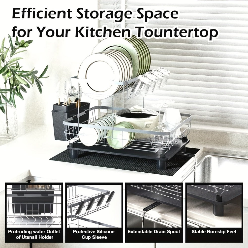 Dish Drying Rack 2-Tier Large Capacity Stainless Steel Detachable Dish Drainer for Kitchen Counter with Utensil Holder and Drain Board in Black White Gray