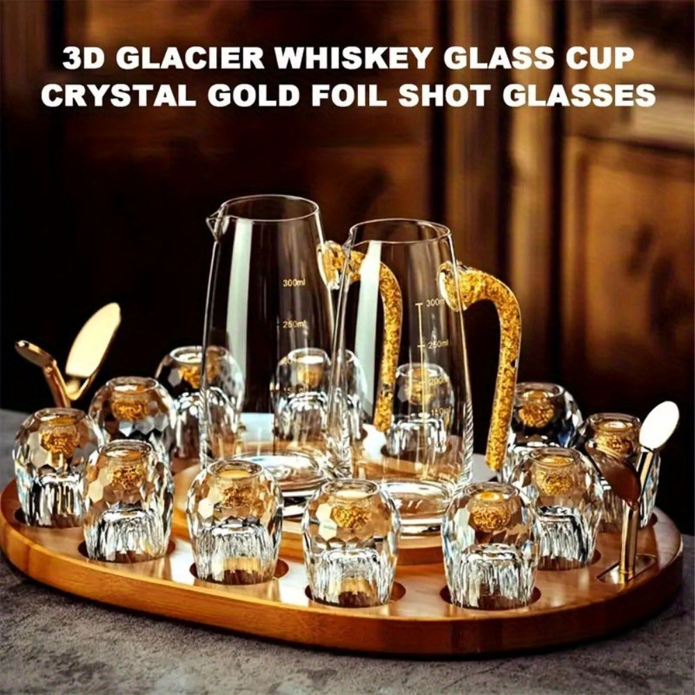 24K Gold Plated Crystal Wine Set ¨C 1 Decanter & 6 Cups with Leakproof Crystal Glasses ¨C Elegant Black Gift Box ¨C Luxury Home Bar, Wedding & Party Gift for Wine Lovers
