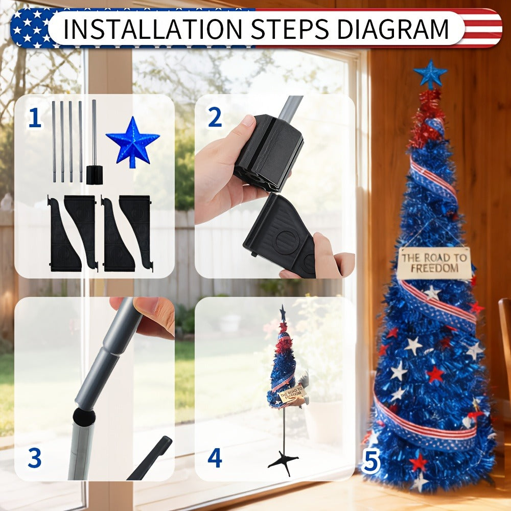 4th of July Decorative Tree 5ft LED Light, Foldable Patriotic Stars & Stripes Blue Christmas Tree with Red White Blue LED String Lights, Independence Day Party Decoration & Summer Gift