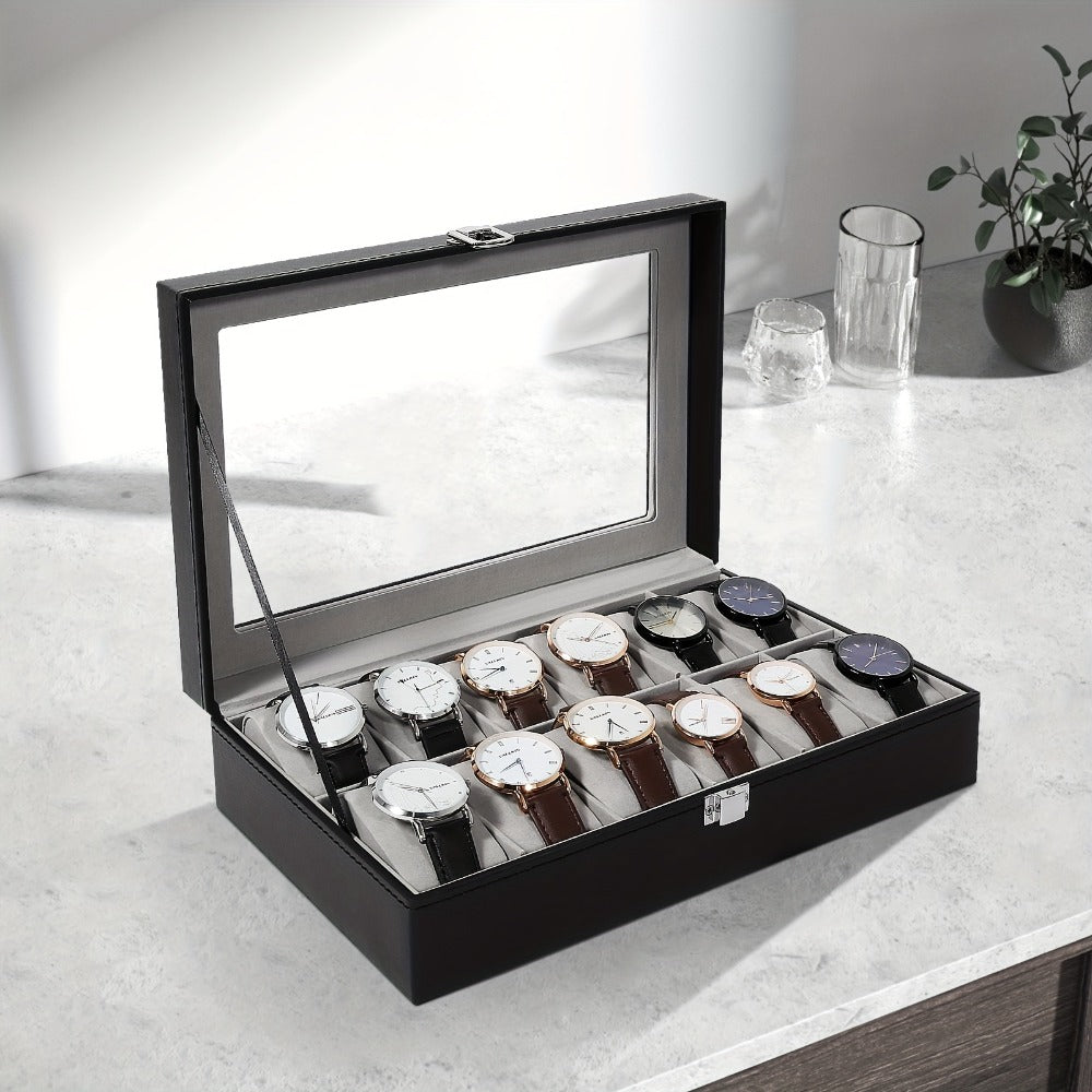 Watch Box Organizer 12 Slot PU Leather, Watch Display Case with Glass Lid Removable Pillow Metal Clasp, Jewelry Box Gift for Him Her Valentine's Day Birthday Christmas