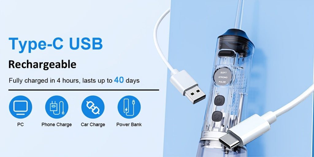 Water Flosser Cordless Oral Irrigator - Rechargeable Electric Dental Cleaner with 6 Interchangeable Nozzles, Adjustable Pressure Control, Plaque & Tartar Removal, USB Powered, Portable for Home & Travel Use