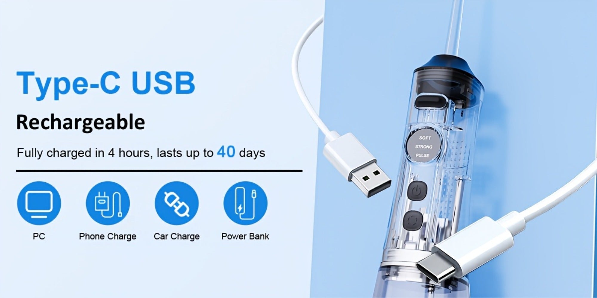 Water Flosser Cordless Oral Irrigator - Rechargeable Electric Dental Cleaner with 6 Interchangeable Nozzles, Adjustable Pressure Control, Plaque & Tartar Removal, USB Powered, Portable for Home & Travel Use