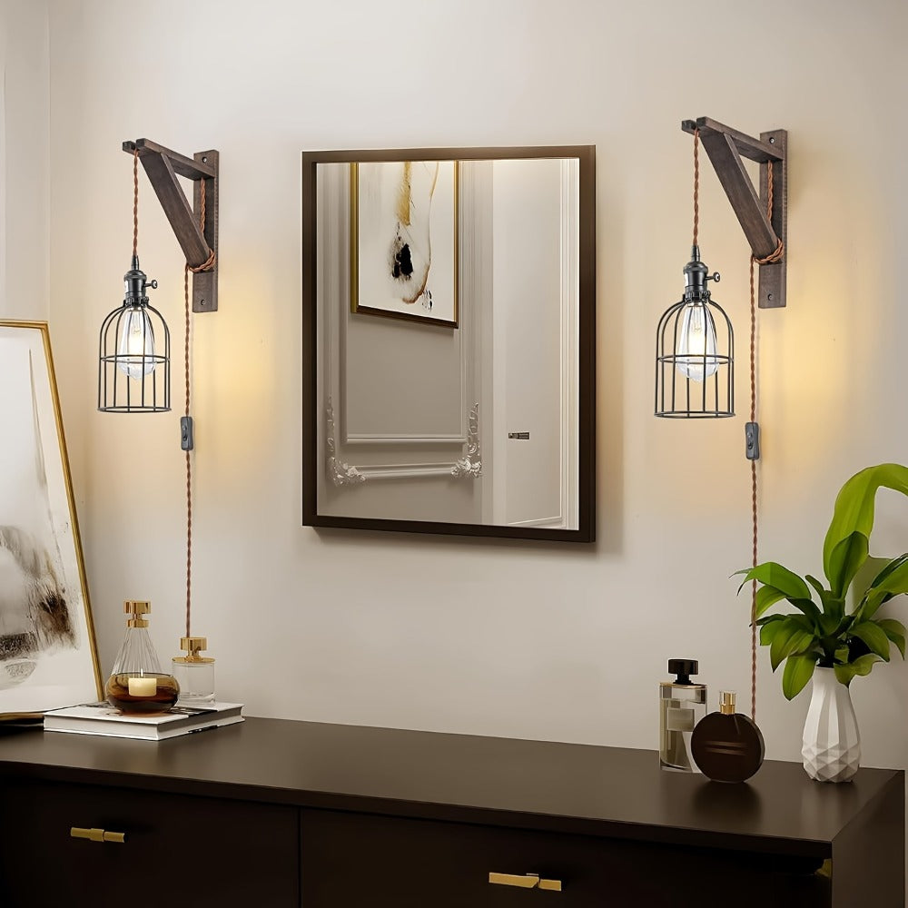 Plug In Wall Sconces Set of 2 or 1 ¨C Rustic Farmhouse Wall Lamp with Metal Cage & Wooden Bracket, Plug-Into-Outlet Hanging Light for Bedroom, Living Room & Headboard